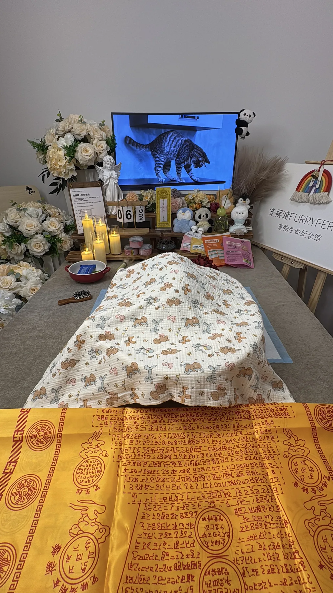 石家庄宠物告别仪式中的鲜花与纪念照片